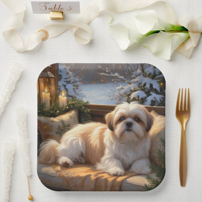 Assiettes En Carton Shih Tzu avec les lumières de Noël (Mariage)