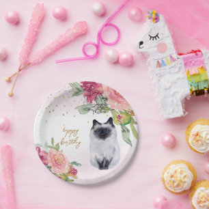 Assiettes En Carton Siamese Cat Illustration joyeuse fête de fille d'a