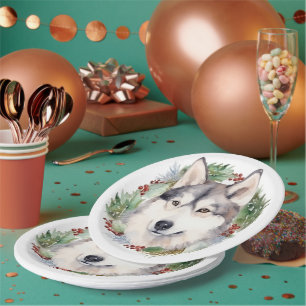 Assiettes En Carton Sibérie Husky Christmas Wreath Festive Pup