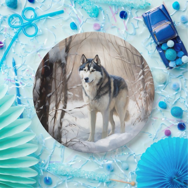 Assiettes En Carton Sibérien Husky Laisser Neige Noël (Fête)