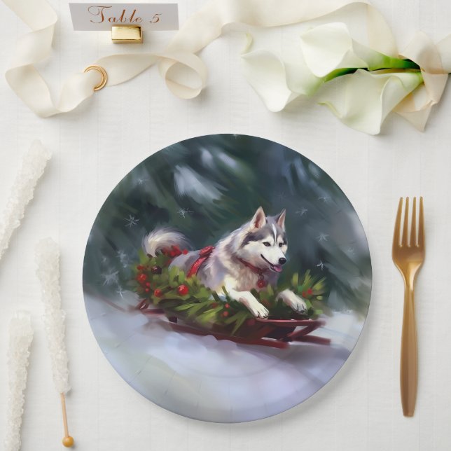 Assiettes En Carton Sibérien Husky neige de Noël hiver (Mariage)