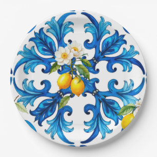 Assiettes En Carton sicilien, été, citron, mosaïque, bleu,