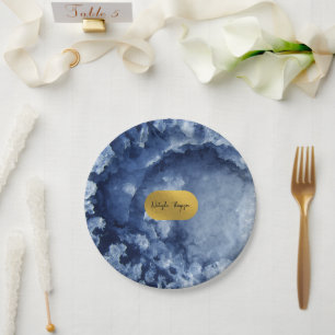 Assiettes En Carton Signature Blue Gold Foil Sea Crystals