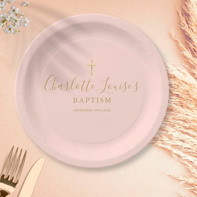Assiettes En Carton Signature Or Baptême Christening Blush Pape Rose (Créateur téléchargé)