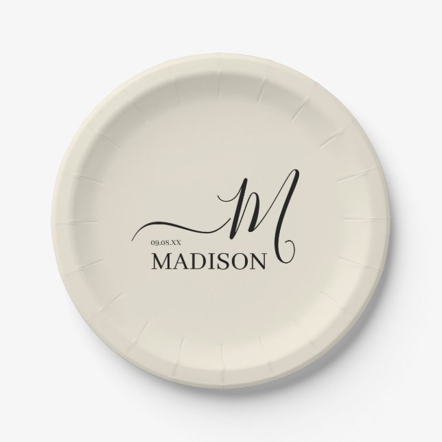 Assiettes En Carton Signature personnalisée Noir Beige Nom de famille (Devant)