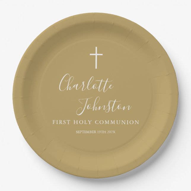 Assiettes En Carton Signature Script First Holy Communion Gold (Devant)