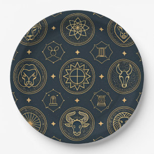 Assiettes En Carton Signe du zodiaque en or noir (3)