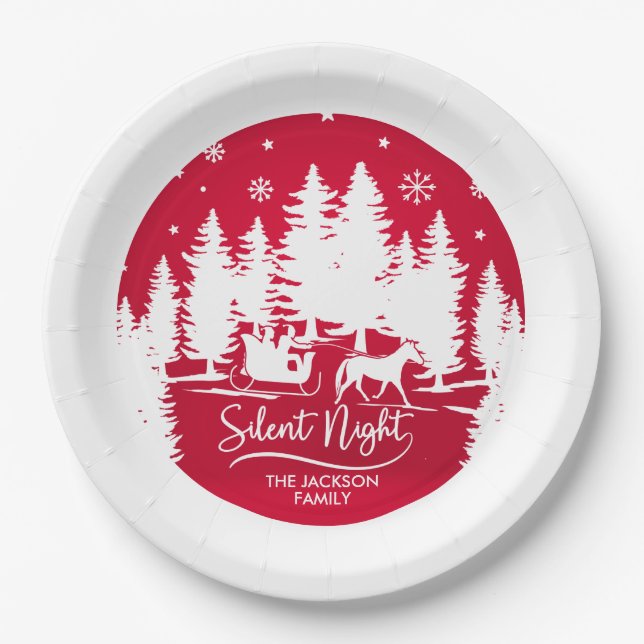 Assiettes En Carton Silence nuit neige flocons pins silhouettes (Devant)