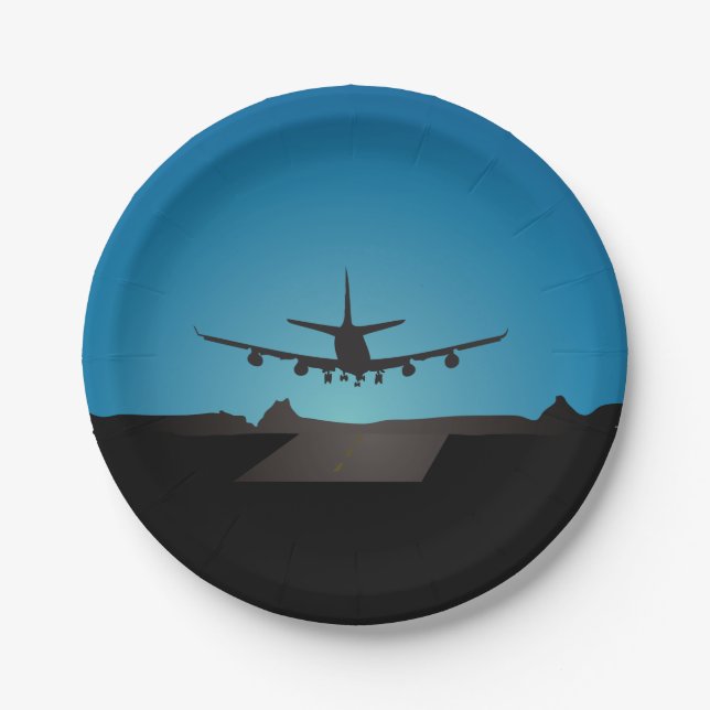 Assiettes En Carton Silhouette d'atterrissage d'avion à la nuit (Devant)
