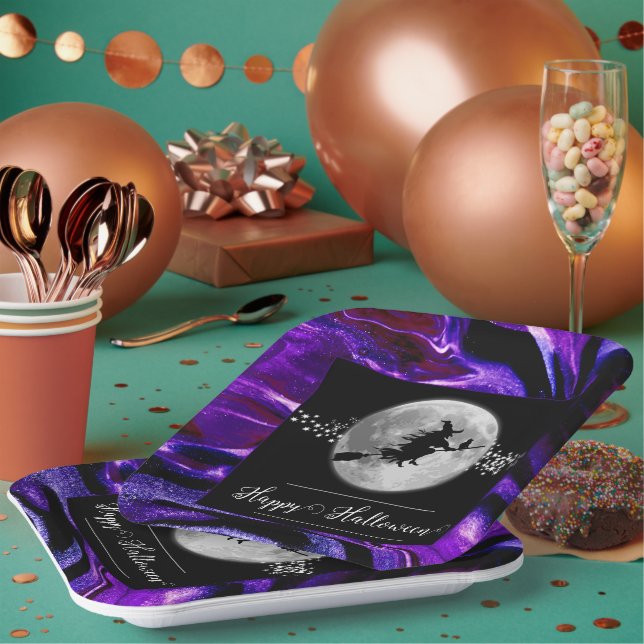 Assiettes En Carton Silhouette de sorcière violette Halloween (Multi)