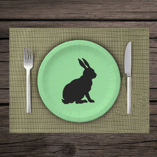 Assiettes En Carton Silhouette noire assis lapin sur vert