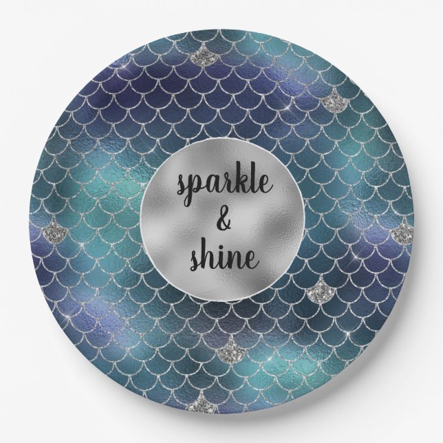 Assiettes En Carton Silver Aqua Blue Mermaid Glitz (Devant)