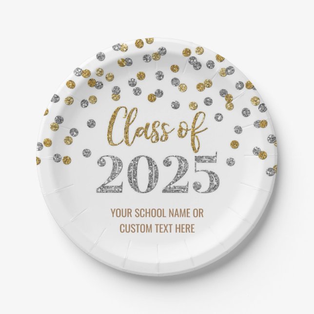 Assiettes En Carton Silver Black Confetti Graduation 2025 (Devant)