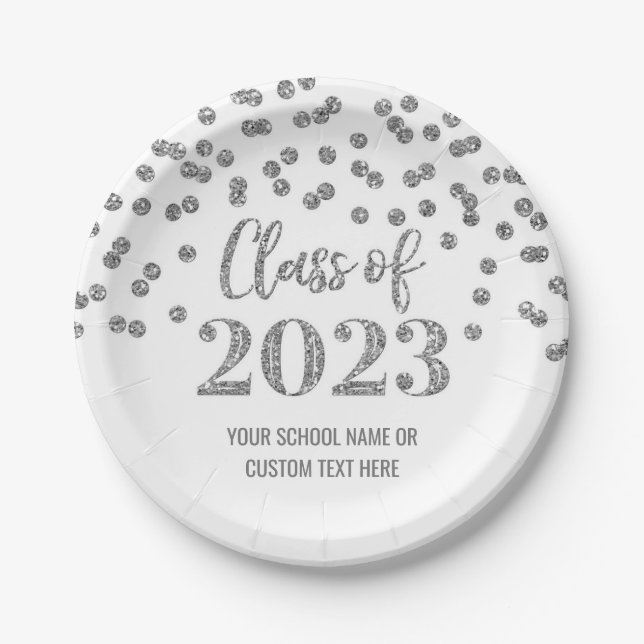 Assiettes En Carton Silver Confetti Graduation 2023 Plaques de papier (Devant)