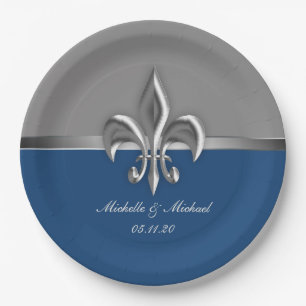 Assiettes En Carton Silver Fleur de Lis bleu