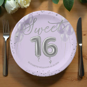 Assiettes En Carton Silver Foil Sweet 16 Ballons d'anniversaire Lavand