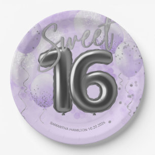 Assiettes En Carton Silver Foil Sweet 16 Ballons d'anniversaire Lavand