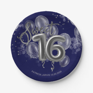 Assiettes En Carton Silver Foil Sweet 16 Ballons d'anniversaire Royal 