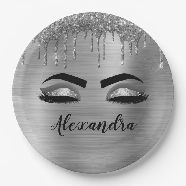 Assiettes En Carton Silver Glitter Sparkle Eyelashes Monogram (Devant)
