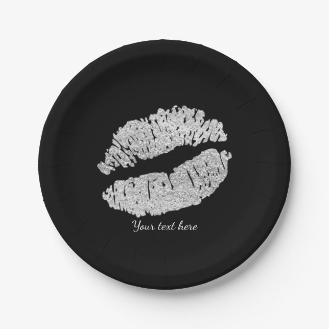 Assiettes En Carton Silver Lips Faux Sparkle Kiss Beauty Makeup Party (Devant)