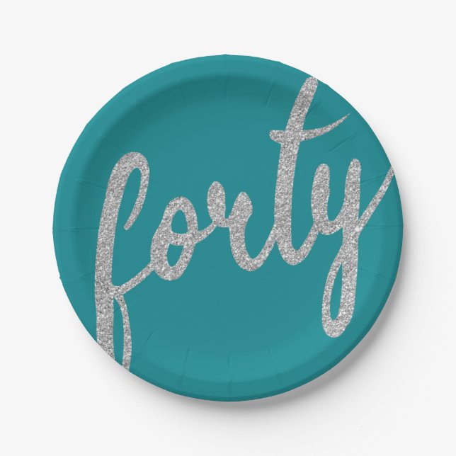 Assiettes En Carton Silver Turquoise 40 Anniversaire Parties scintilla (Devant)