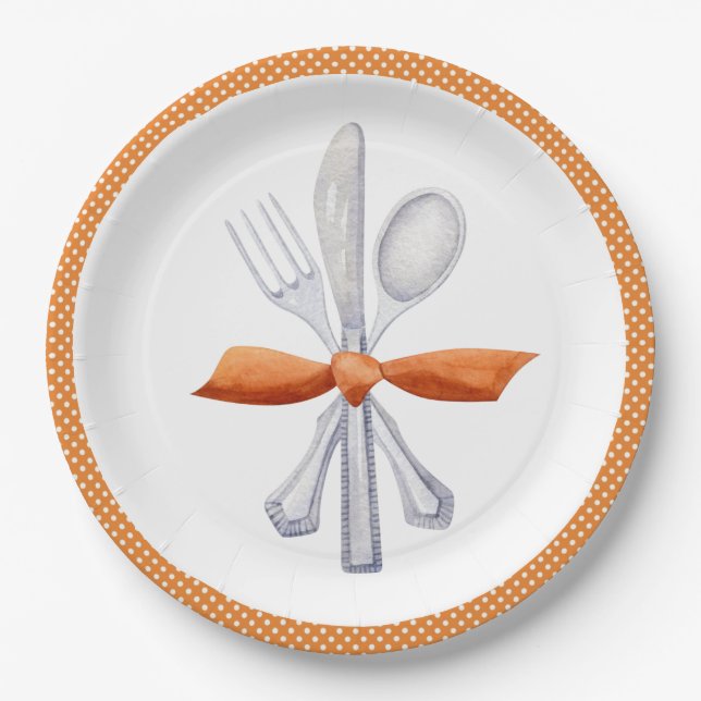 Assiettes En Carton Silverware Thanksgiving avec Orange Bow (Devant)