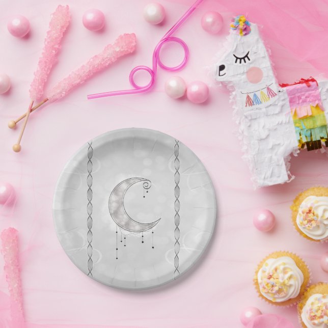 Assiettes En Carton Silvery White Crescent Moon Stars (Fête)