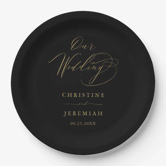 Assiettes En Carton Simple Black Gold Modern Script Mariage (Devant)