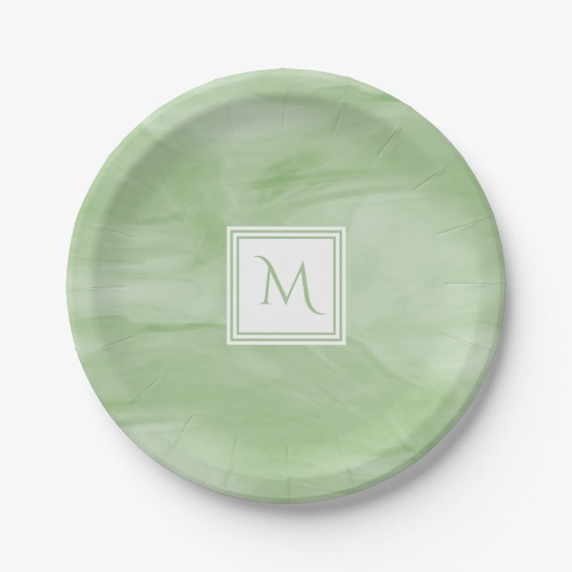 Assiettes En Carton Simple clair vert subtil marbre moderne Monogramme (Devant)