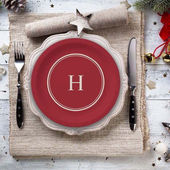 Assiettes En Carton Simple Classique Élégant Monogramme sur Cranberry  (Personalize this cranberry red plate with your monogram initial.)