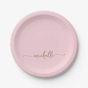 Assiettes En Carton Simple Élégant Monogramme Doré Écriture Rose Pâle