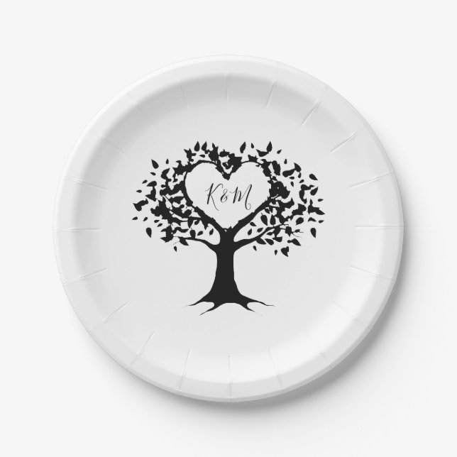 Assiettes En Carton Simple Mariage de l'arbre cardiaque du Monogramme  (Devant)
