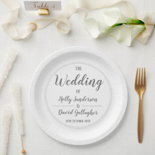 Assiettes En Carton Simple Mariage Gris Argenté & Blanc Jour