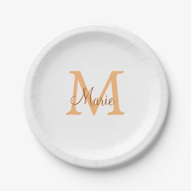 Assiettes En Carton simple minimum ajouter nom monogramme orange brun  (Devant)