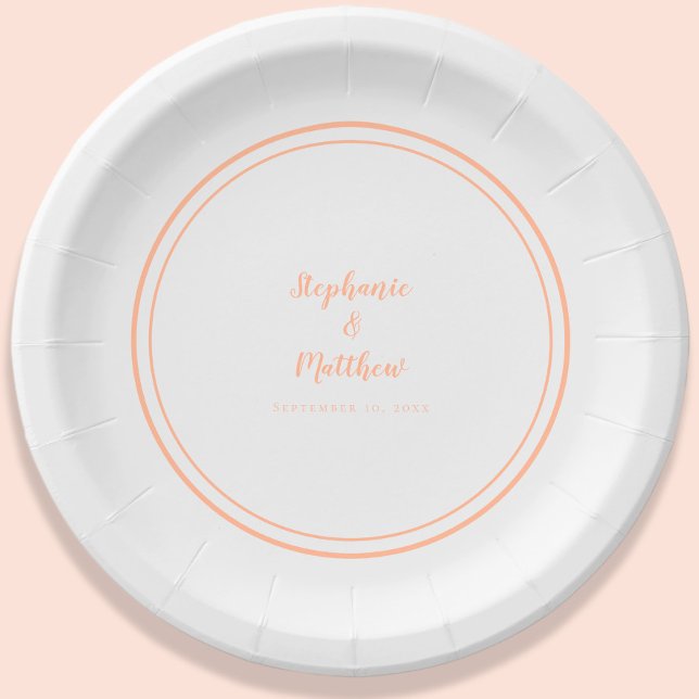Assiettes En Carton Simple Peach White Modern Bride & Groom Mariage (Simple Peach White Modern Bride & Groom Wedding Paper Plates)