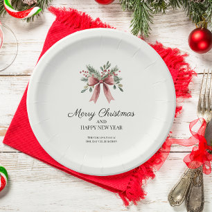 Assiettes En Carton Simple Rouge Ruban Bow Aquarelle Holly Noël