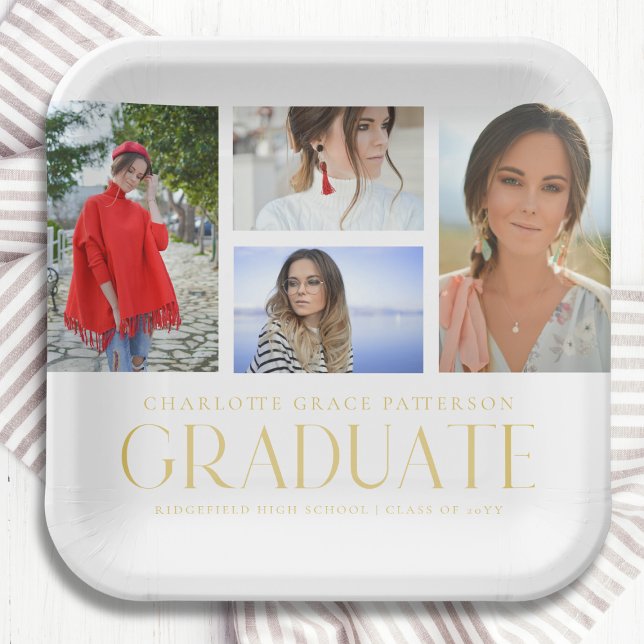 Assiettes En Carton Simple Script Multi Photo Grad Graduation Party (Créateur téléchargé)