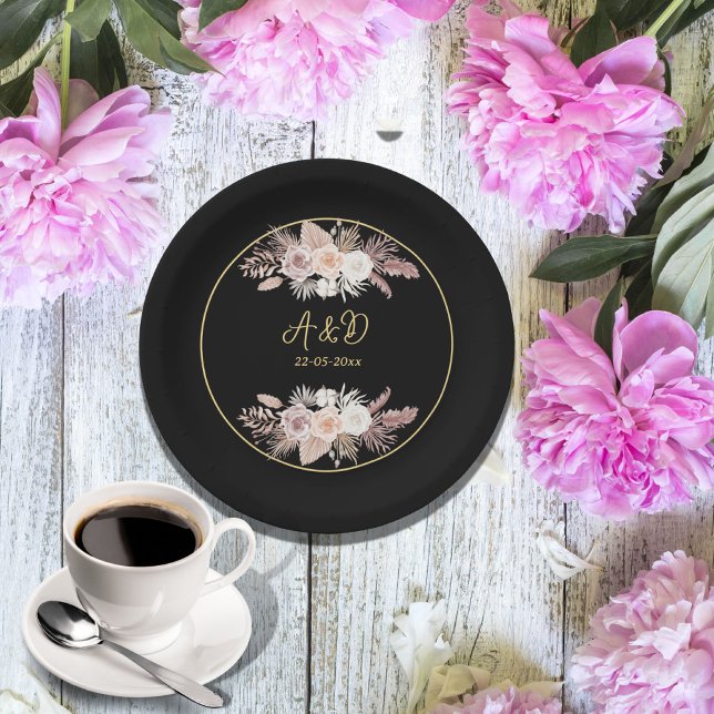ASSIETTES EN CARTON SIMPLE STYLE BOHO MARIAGE FLORAL NOIR (Créateur téléchargé)