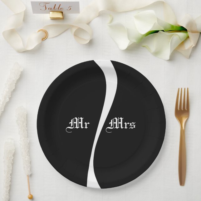 Assiettes En Carton Simple Waves 2 - Personnalisé noir et blanc (Mariage)