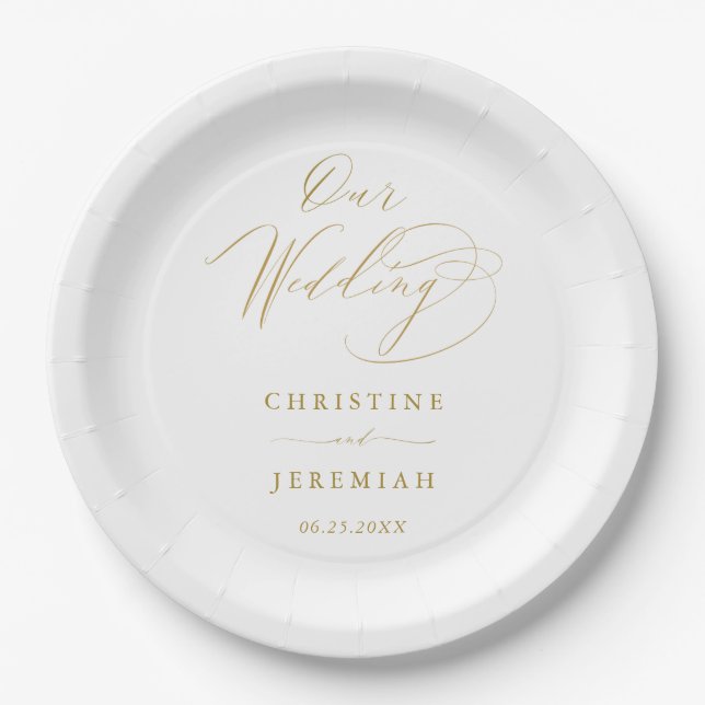 Assiettes En Carton Simple White Gold Modern Script Mariage (Devant)
