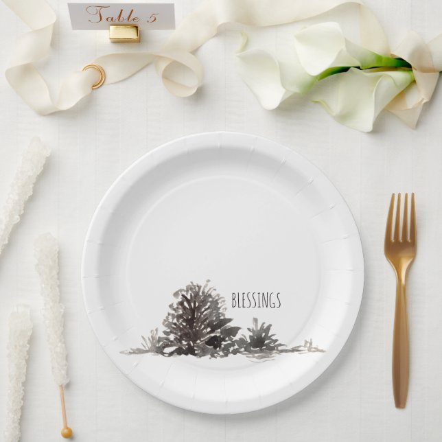 Assiettes En Carton Simples Bénédictions de cônes de pin aquarelle (Mariage)