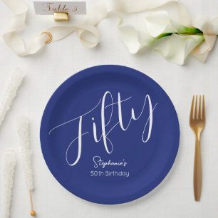 Assiettes En Carton Simply Modern Script Marine Blue 50th Birthday