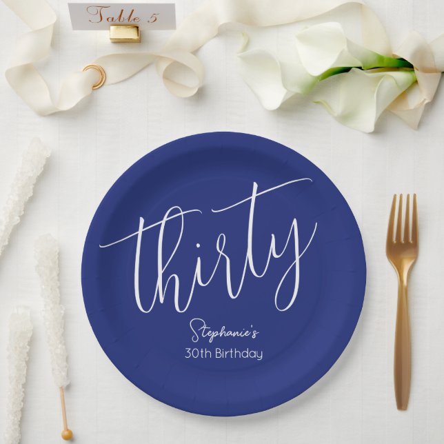 Assiettes En Carton Simply Modern Script Navy Blue 30th Birthday Party (Mariage)