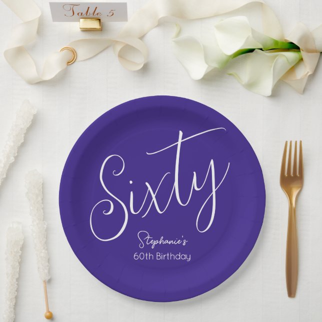 Assiettes En Carton Simply Modern Script Purple 60th Birthday Party (Mariage)
