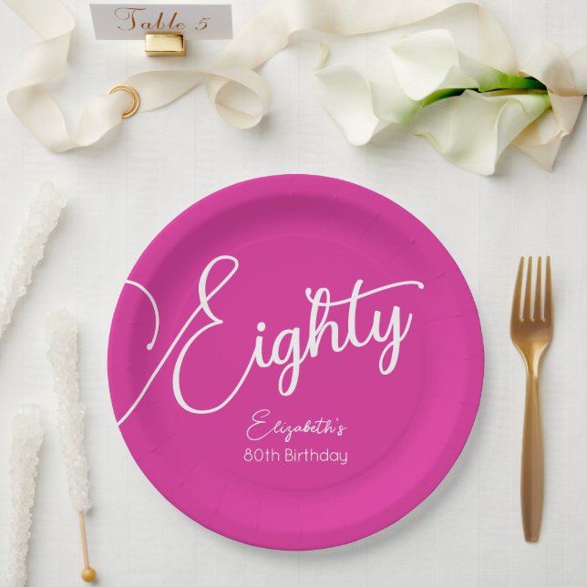 Assiettes En Carton Simply Modern Script Rose 80e fête d'anniversaire (Mariage)