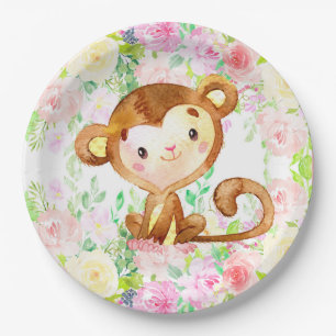 Assiettes En Carton Singe et fleurs fille baby shower plaques de papie
