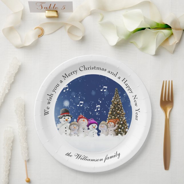 Assiettes En Carton Singing Snowmen Merry Christmas - Personalize (Mariage)