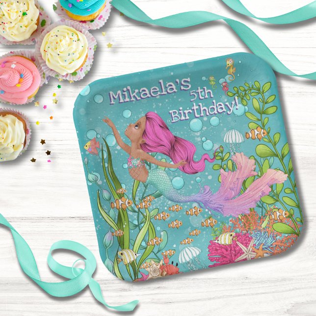Assiettes En Carton Sirène à cheveux rose nager sous la mer Anniversai (Créateur téléchargé)