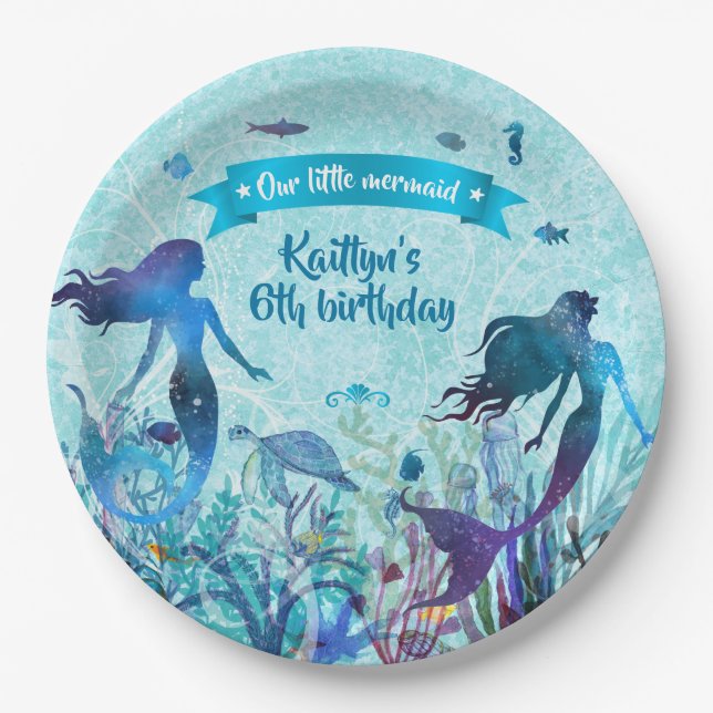 Assiettes En Carton Sirène d'aquarelle sous la fête d'anniversaire de (Devant)
