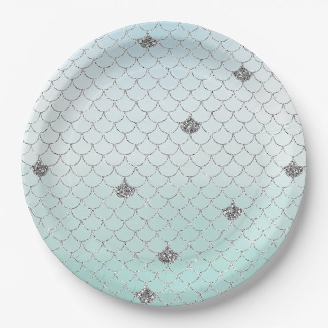 Assiettes En Carton Sirène de Parties scintillant en argent Mint Blue  (Devant)
